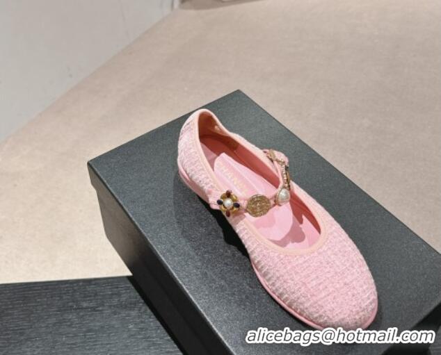 Good Looking Chanel Tweed Ballet Flat with Charm Light Pink 722029