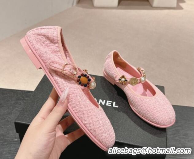 Good Looking Chanel Tweed Ballet Flat with Charm Light Pink 722029