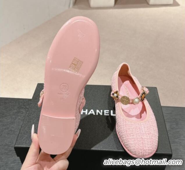 Good Looking Chanel Tweed Ballet Flat with Charm Light Pink 722029