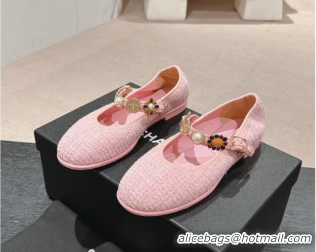 Good Looking Chanel Tweed Ballet Flat with Charm Light Pink 722029