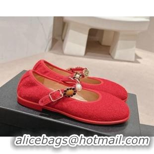 Best Product Chanel Tweed Ballet Flat with Charm Red 722030