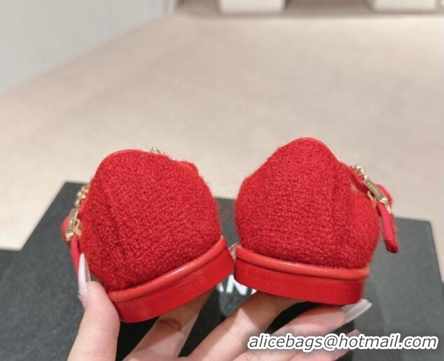 Best Product Chanel Tweed Ballet Flat with Charm Red 722030