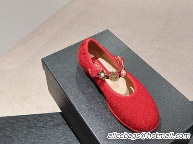 Best Product Chanel Tweed Ballet Flat with Charm Red 722030