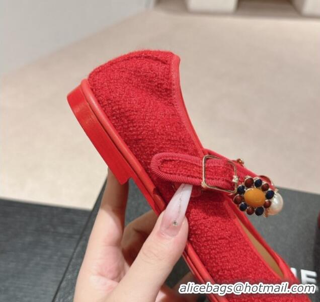 Best Product Chanel Tweed Ballet Flat with Charm Red 722030