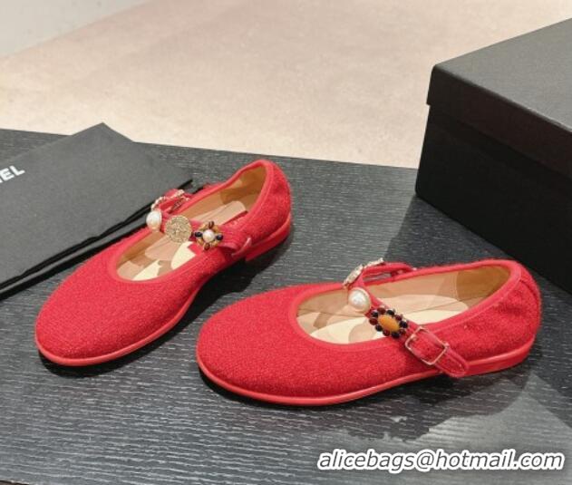 Best Product Chanel Tweed Ballet Flat with Charm Red 722030