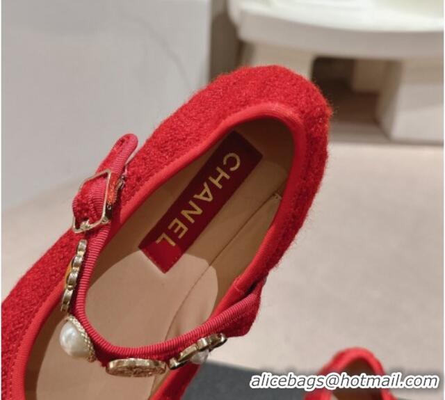 Best Product Chanel Tweed Ballet Flat with Charm Red 722030