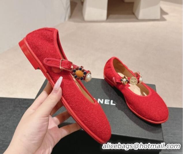 Best Product Chanel Tweed Ballet Flat with Charm Red 722030