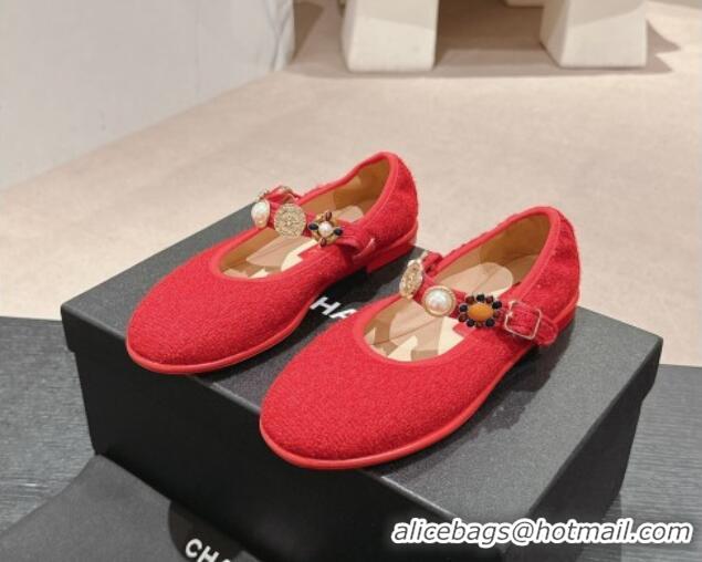 Best Product Chanel Tweed Ballet Flat with Charm Red 722030