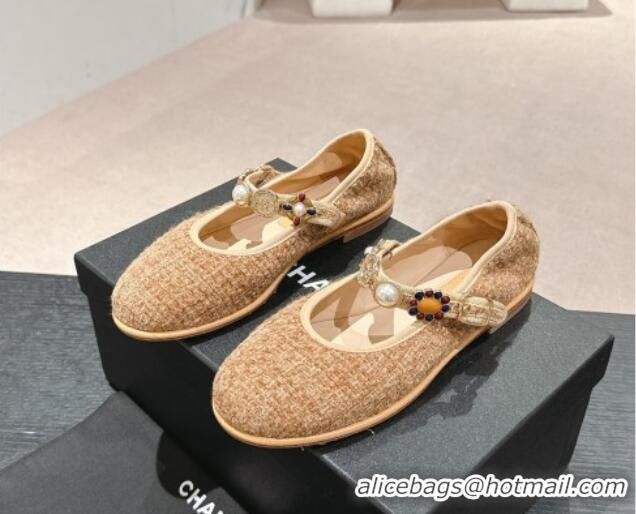 Good Product Chanel Tweed Ballet Flat with Charm Beige 722031