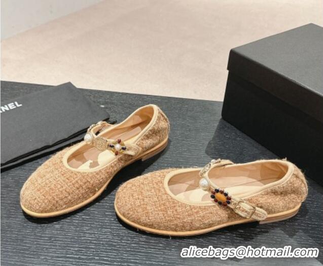 Good Product Chanel Tweed Ballet Flat with Charm Beige 722031