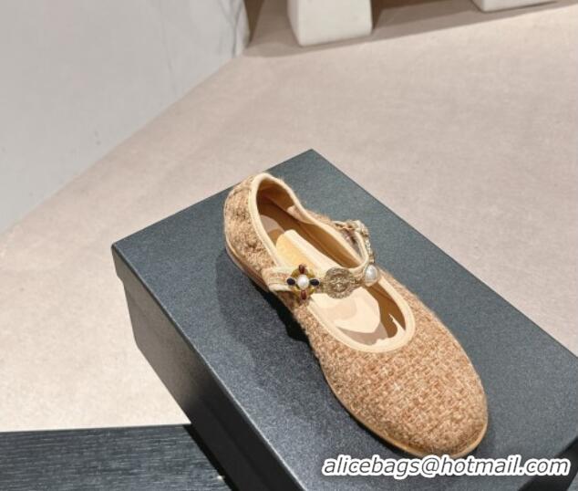 Good Product Chanel Tweed Ballet Flat with Charm Beige 722031