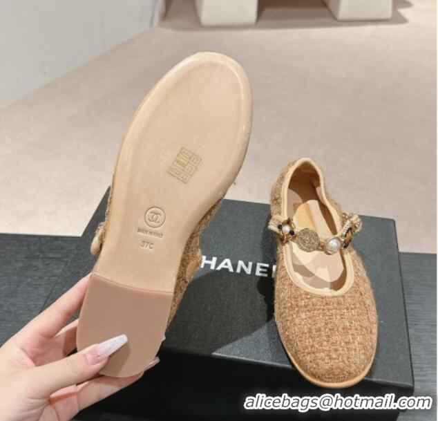 Good Product Chanel Tweed Ballet Flat with Charm Beige 722031