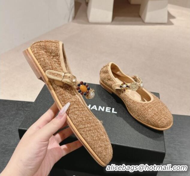 Good Product Chanel Tweed Ballet Flat with Charm Beige 722031