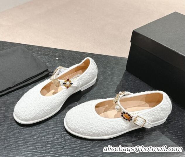 Best Price Chanel Tweed Ballet Flat with Charm White 722032