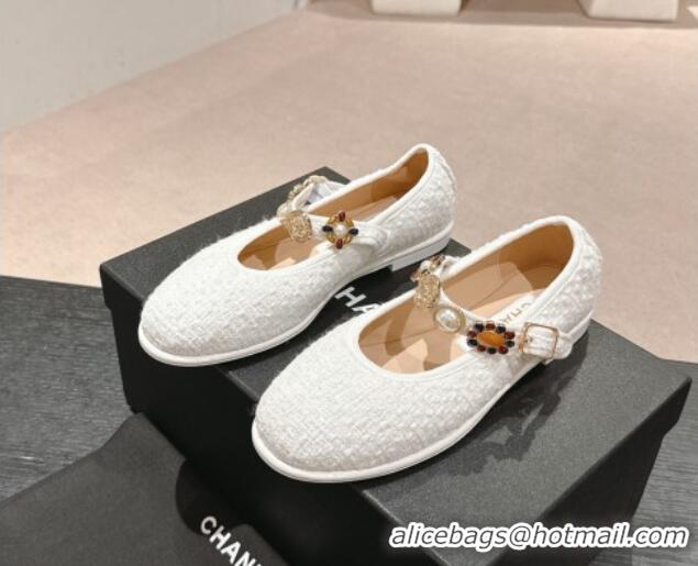 Best Price Chanel Tweed Ballet Flat with Charm White 722032