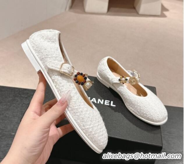 Best Price Chanel Tweed Ballet Flat with Charm White 722032