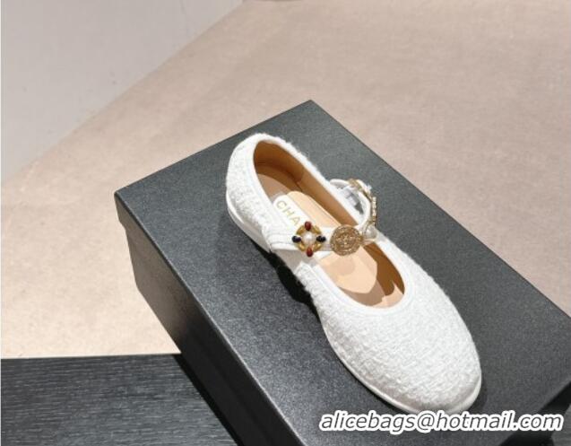 Best Price Chanel Tweed Ballet Flat with Charm White 722032