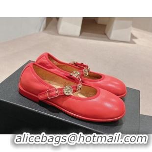 Grade Quality Chanel Lambskin Mary Janes Ballet Flat with Charm Red 722033