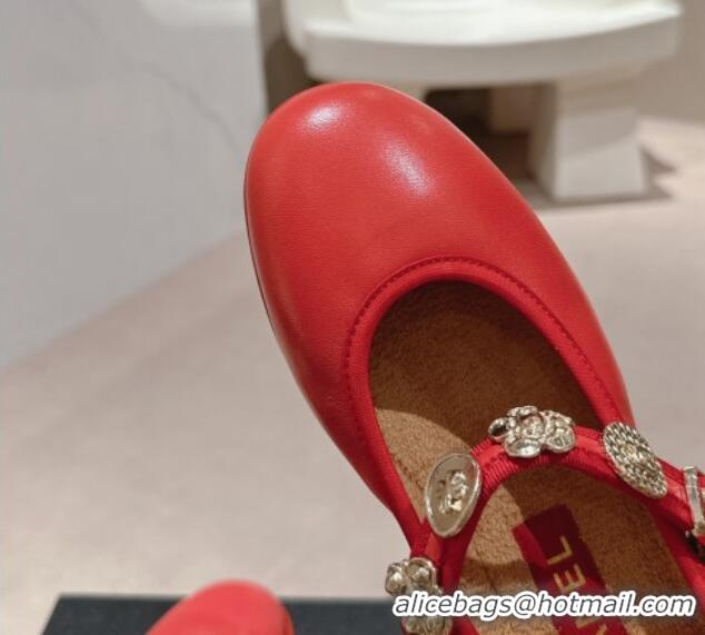 Grade Quality Chanel Lambskin Mary Janes Ballet Flat with Charm Red 722033