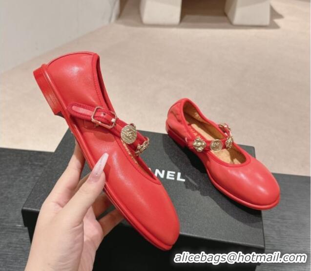 Grade Quality Chanel Lambskin Mary Janes Ballet Flat with Charm Red 722033