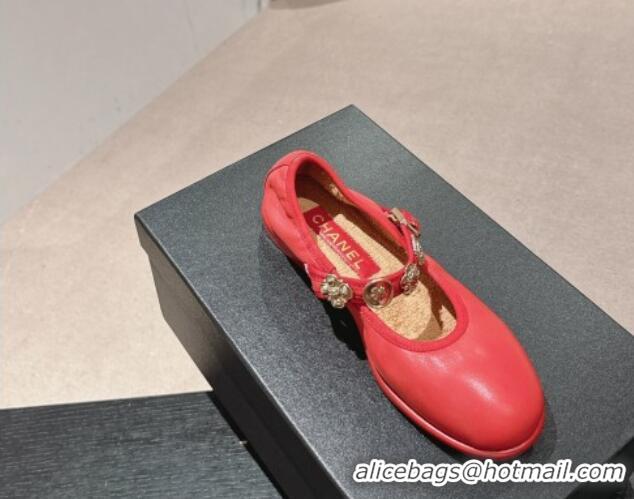 Grade Quality Chanel Lambskin Mary Janes Ballet Flat with Charm Red 722033