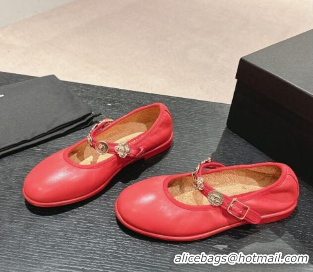 Grade Quality Chanel Lambskin Mary Janes Ballet Flat with Charm Red 722033