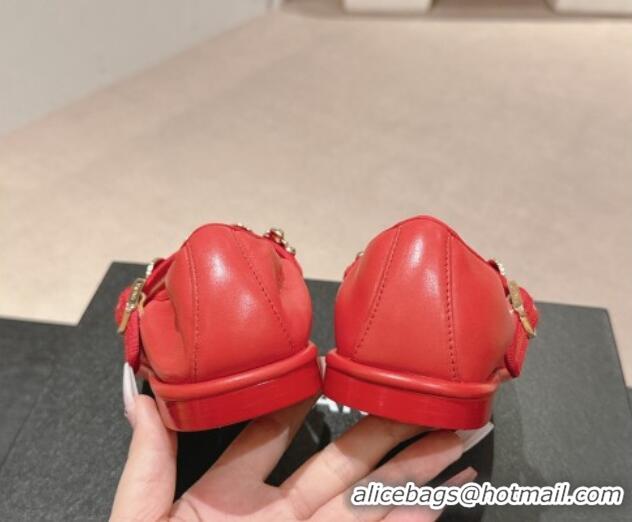 Grade Quality Chanel Lambskin Mary Janes Ballet Flat with Charm Red 722033