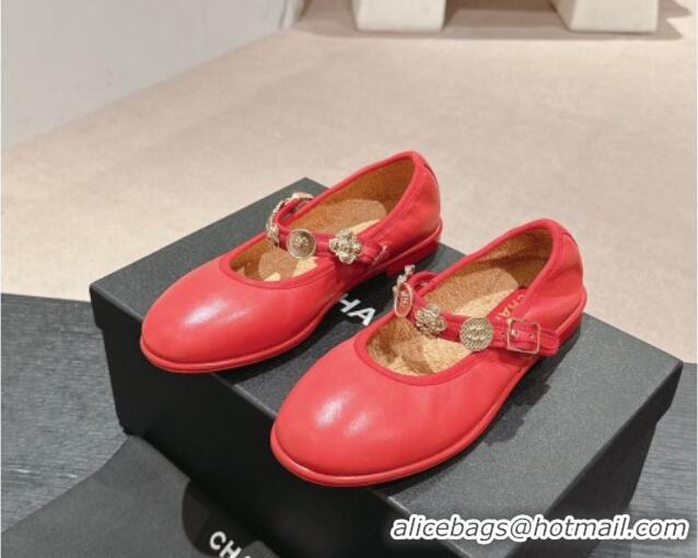 Grade Quality Chanel Lambskin Mary Janes Ballet Flat with Charm Red 722033