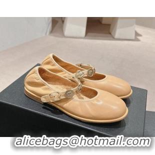 Low Price Chanel Lambskin Mary Janes Ballet Flat with Charm Beige 722034