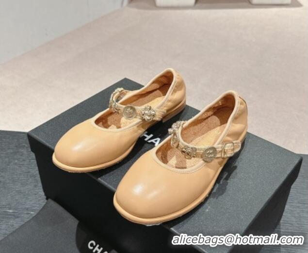 Low Price Chanel Lambskin Mary Janes Ballet Flat with Charm Beige 722034