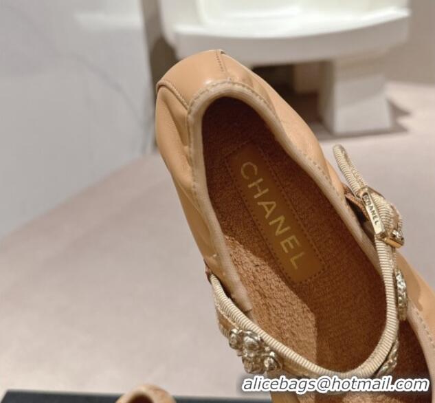 Low Price Chanel Lambskin Mary Janes Ballet Flat with Charm Beige 722034