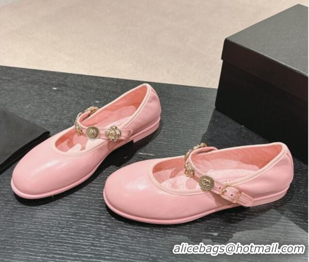 Best Grade Chanel Lambskin Mary Janes Ballet Flat with Charm Pink 722035