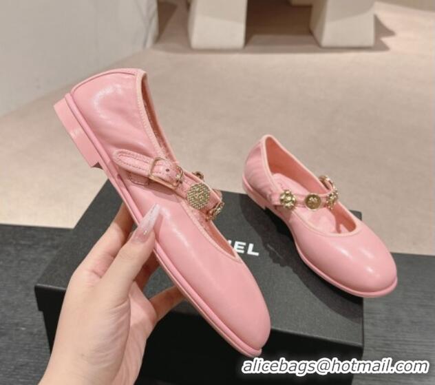 Best Grade Chanel Lambskin Mary Janes Ballet Flat with Charm Pink 722035