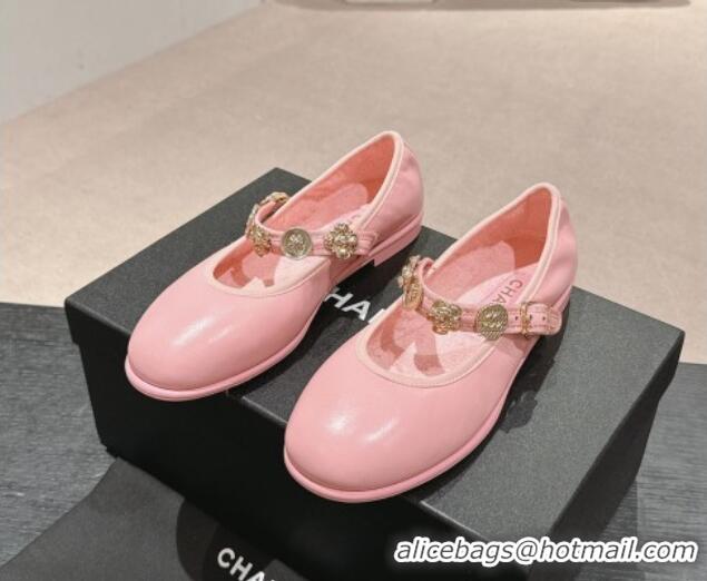 Best Grade Chanel Lambskin Mary Janes Ballet Flat with Charm Pink 722035