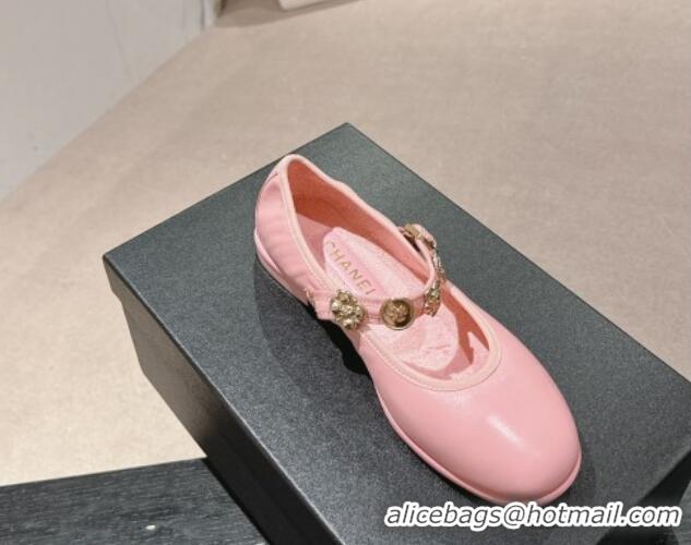 Best Grade Chanel Lambskin Mary Janes Ballet Flat with Charm Pink 722035