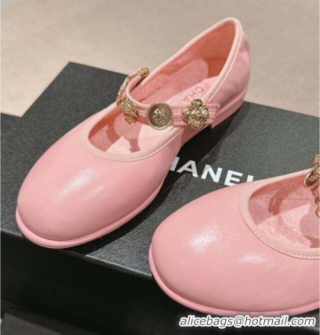 Best Grade Chanel Lambskin Mary Janes Ballet Flat with Charm Pink 722035