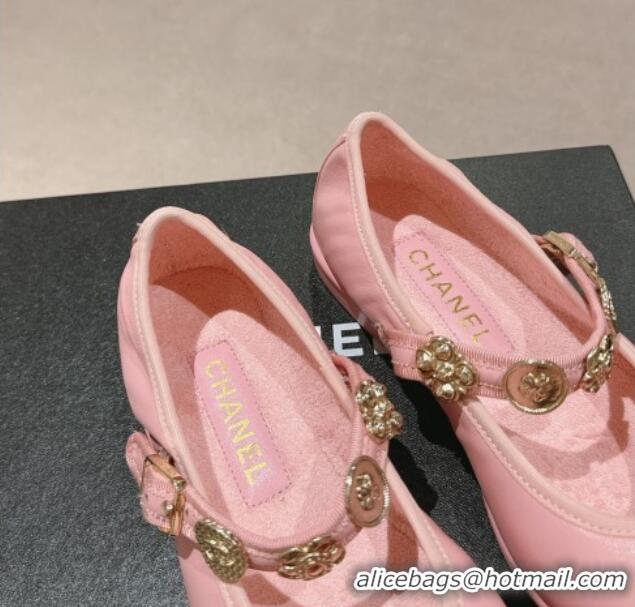 Best Grade Chanel Lambskin Mary Janes Ballet Flat with Charm Pink 722035