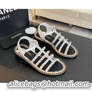 Low Price Chanel Calfskin Heel Sandals 5.5cm with Chain White 722037