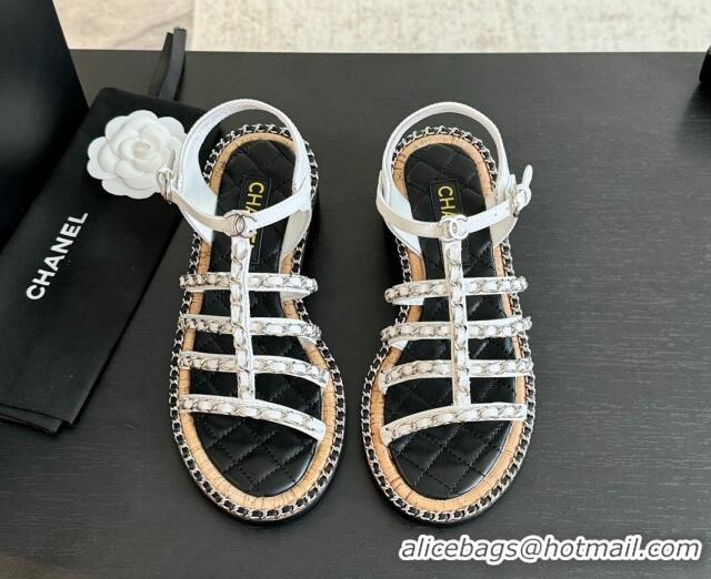 Low Price Chanel Calfskin Heel Sandals 5.5cm with Chain White 722037