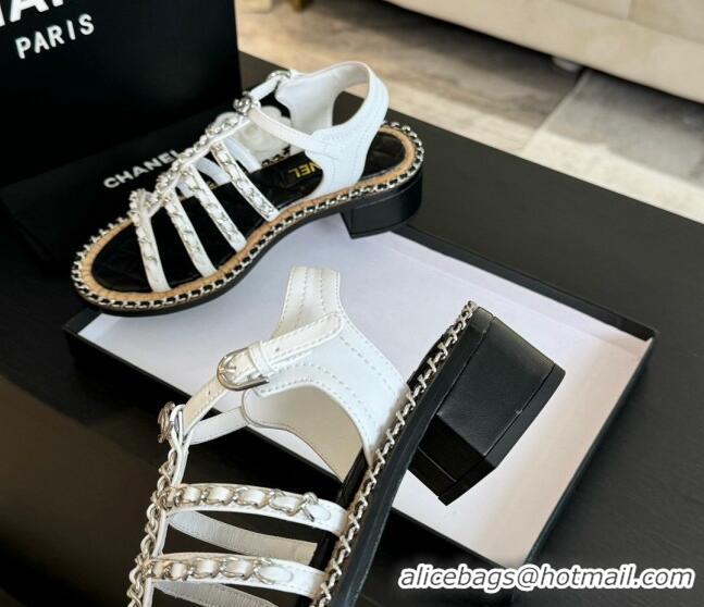 Low Price Chanel Calfskin Heel Sandals 5.5cm with Chain White 722037