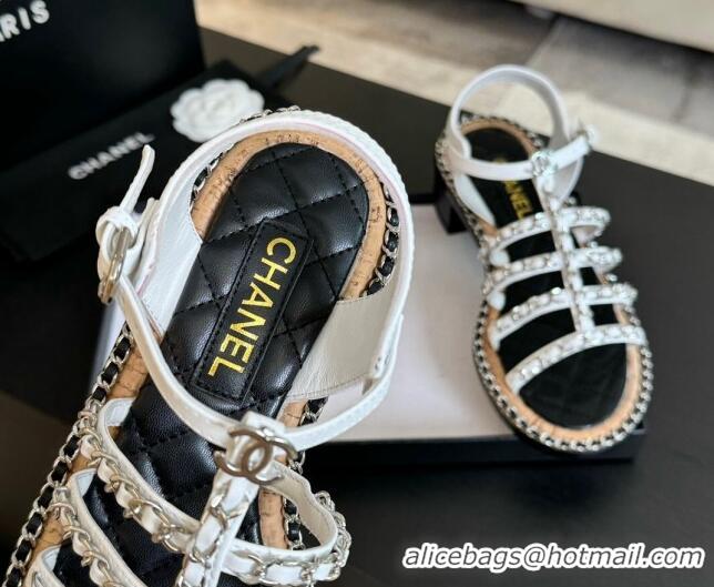 Low Price Chanel Calfskin Heel Sandals 5.5cm with Chain White 722037