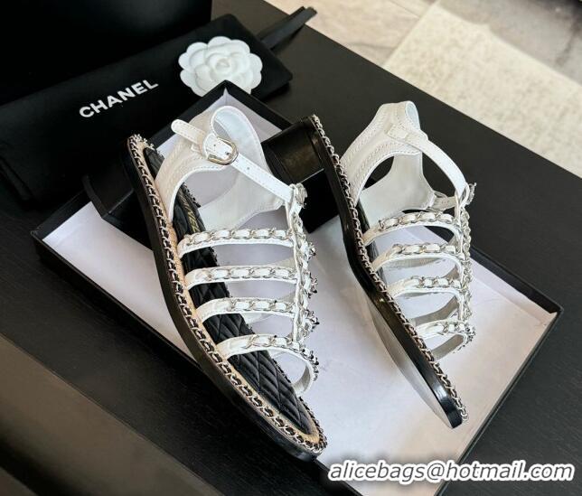 Low Price Chanel Calfskin Heel Sandals 5.5cm with Chain White 722037