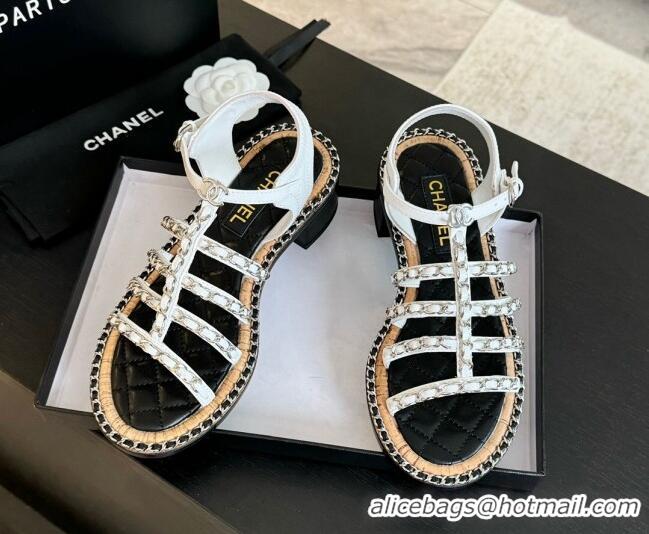 Low Price Chanel Calfskin Heel Sandals 5.5cm with Chain White 722037