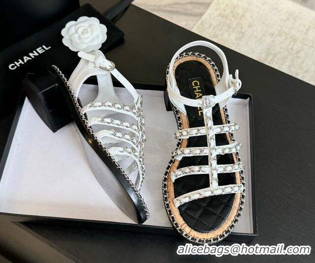 Low Price Chanel Calfskin Heel Sandals 5.5cm with Chain White 722037