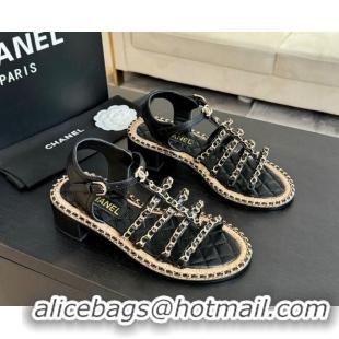 Sophisticated Chanel Calfskin Heel Sandals 5.5cm with Chain Black 722038