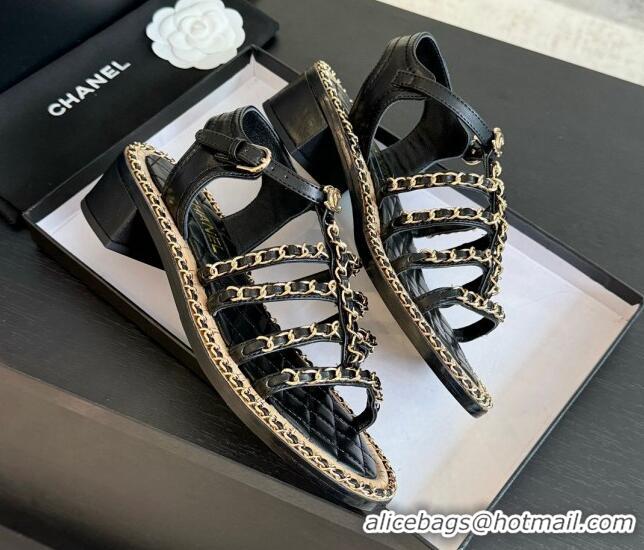 Sophisticated Chanel Calfskin Heel Sandals 5.5cm with Chain Black 722038