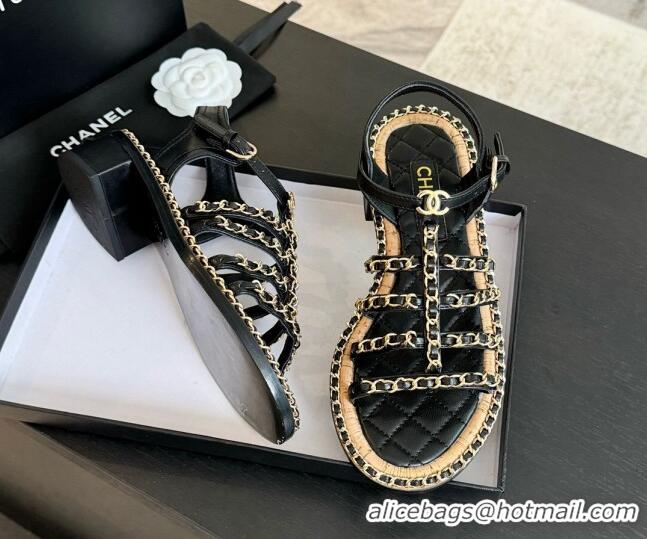 Sophisticated Chanel Calfskin Heel Sandals 5.5cm with Chain Black 722038