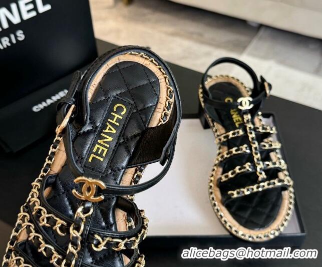 Sophisticated Chanel Calfskin Heel Sandals 5.5cm with Chain Black 722038