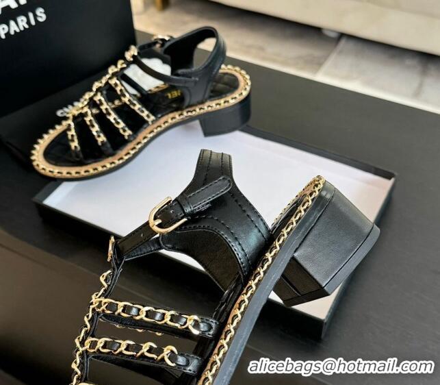 Sophisticated Chanel Calfskin Heel Sandals 5.5cm with Chain Black 722038