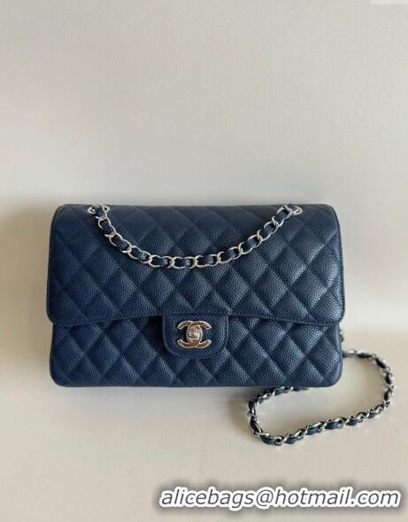 Good Product Chanel Classic Grained Calfskin Medium Flap Bag A01112 Navy Blue/Silver 2024